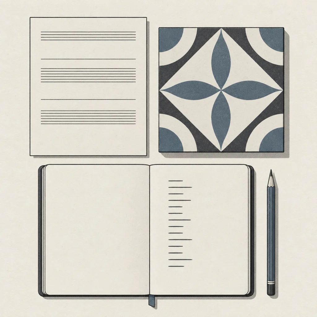 Illustration vue de dessus d’une fiche lignée, d’un échantillon de carreau de ciment à motif bleu et anthracite, d’un carnet ouvert portant une colonne de traits et d’un crayon